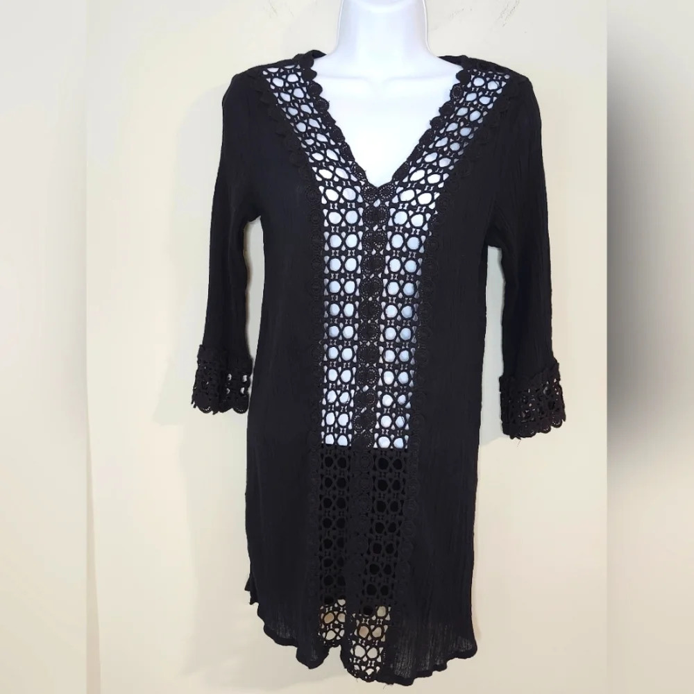 Flint & Moss Womens Crochet Tunic Top Size M Black Cover Up Beach Resort Coastal
